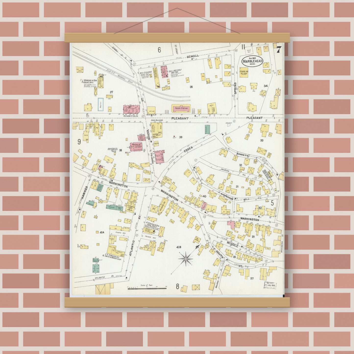 Old map wall art mockup — magnetic wood frame on brick wall — Sanborn Fire Insurance Map from Marblehead, Essex County, Massachusetts (1901), Sheet #0007