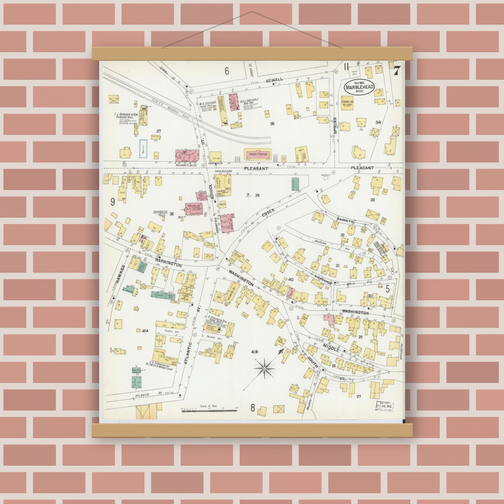Old map wall art mockup — magnetic wood frame on brick wall — Sanborn Fire Insurance Map from Marblehead, Essex County, Massachusetts (1901), Sheet #0007