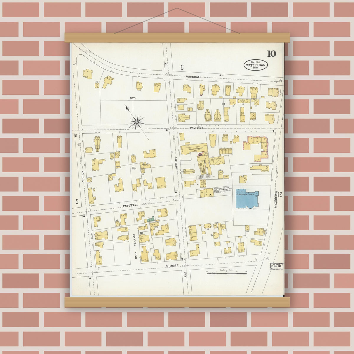 Old map wall art mockup — magnetic wood frame on brick wall — Sanborn Fire Insurance Map from Watertown, Middlesex County, Massachusetts (1904), Sheet #0010