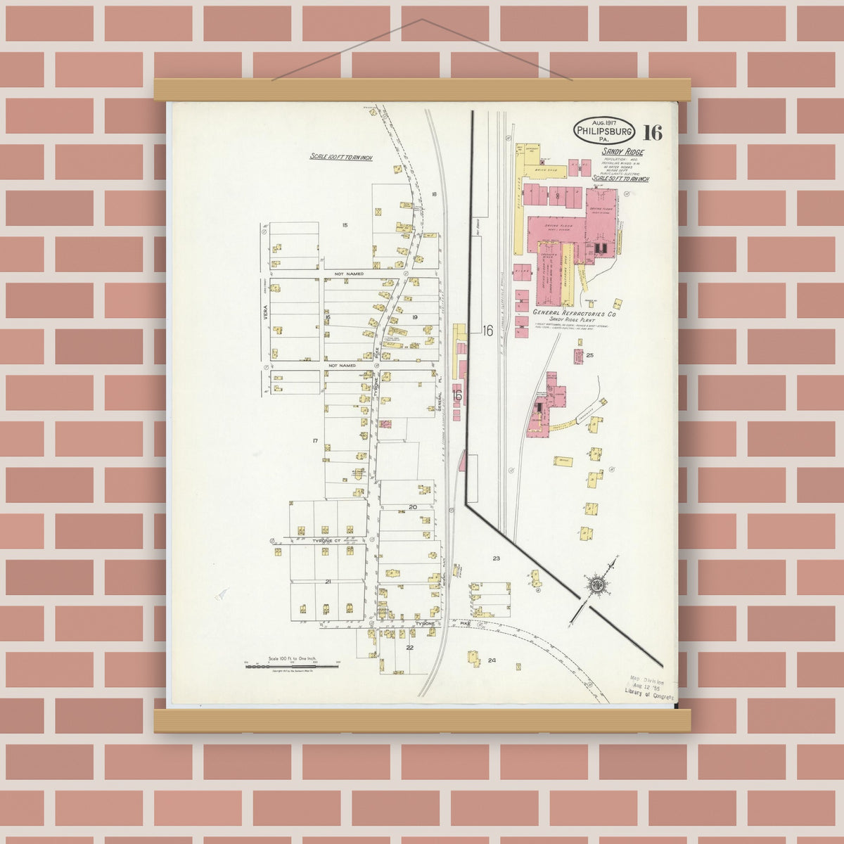 Old map wall art mockup — magnetic wood frame on brick wall — Sanborn Fire Insurance Map from Philipsburg, Centre County, Pennsylvania (1917), Sheet #0016