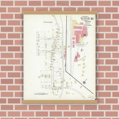 Old map wall art mockup — magnetic wood frame on brick wall — Sanborn Fire Insurance Map from Philipsburg, Centre County, Pennsylvania (1917), Sheet #0016