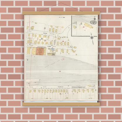Old map wall art mockup — magnetic wood frame on brick wall — Sanborn Fire Insurance Map from Lyons, Wayne County, New York (1949), Sheet #0009