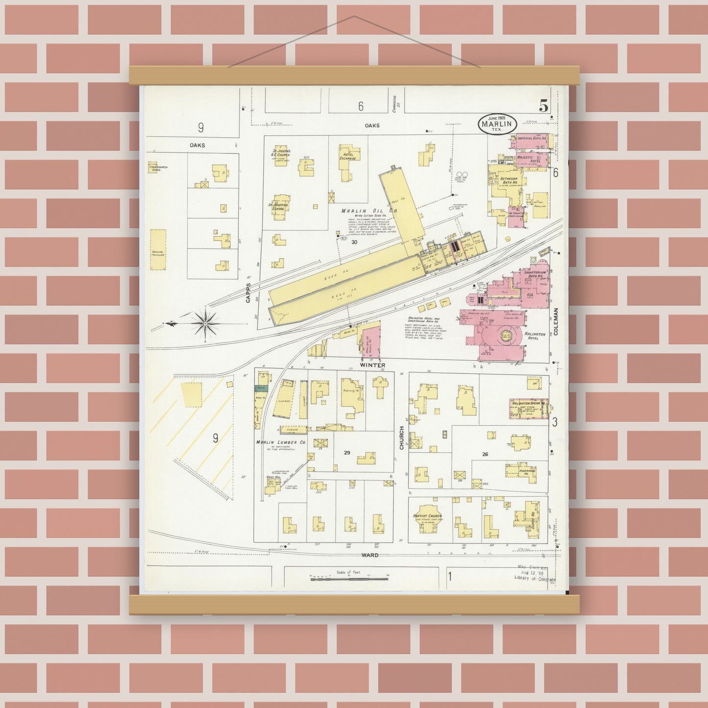 Old map wall art mockup — magnetic wood frame on brick wall — Sanborn Fire Insurance Map from Marlin, Falls County, Texas (1909), Sheet #0005