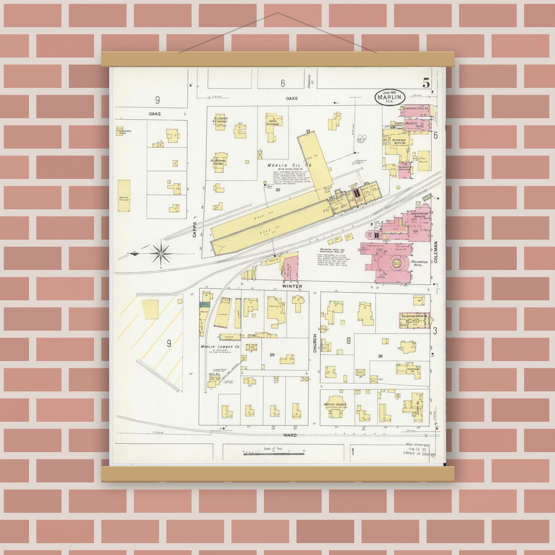 Old map wall art mockup — magnetic wood frame on brick wall — Sanborn Fire Insurance Map from Marlin, Falls County, Texas (1909), Sheet #0005