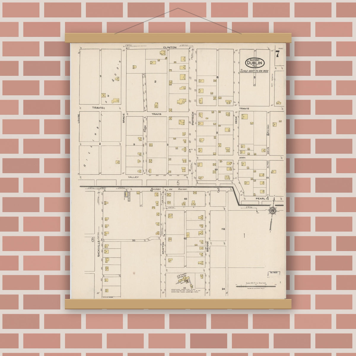 Old map wall art mockup — magnetic wood frame on brick wall — Sanborn Fire Insurance Map from Dublin, Erath County, Texas (1921), Sheet #0007