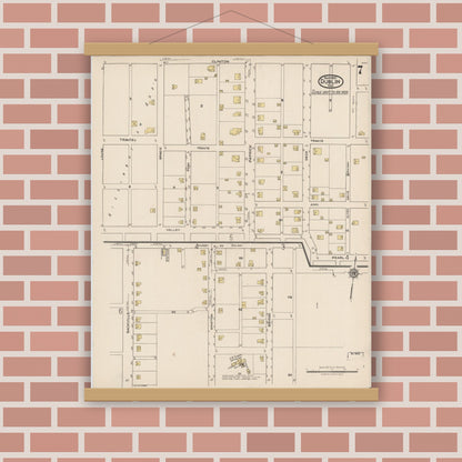 Old map wall art mockup — magnetic wood frame on brick wall — Sanborn Fire Insurance Map from Dublin, Erath County, Texas (1921), Sheet #0007
