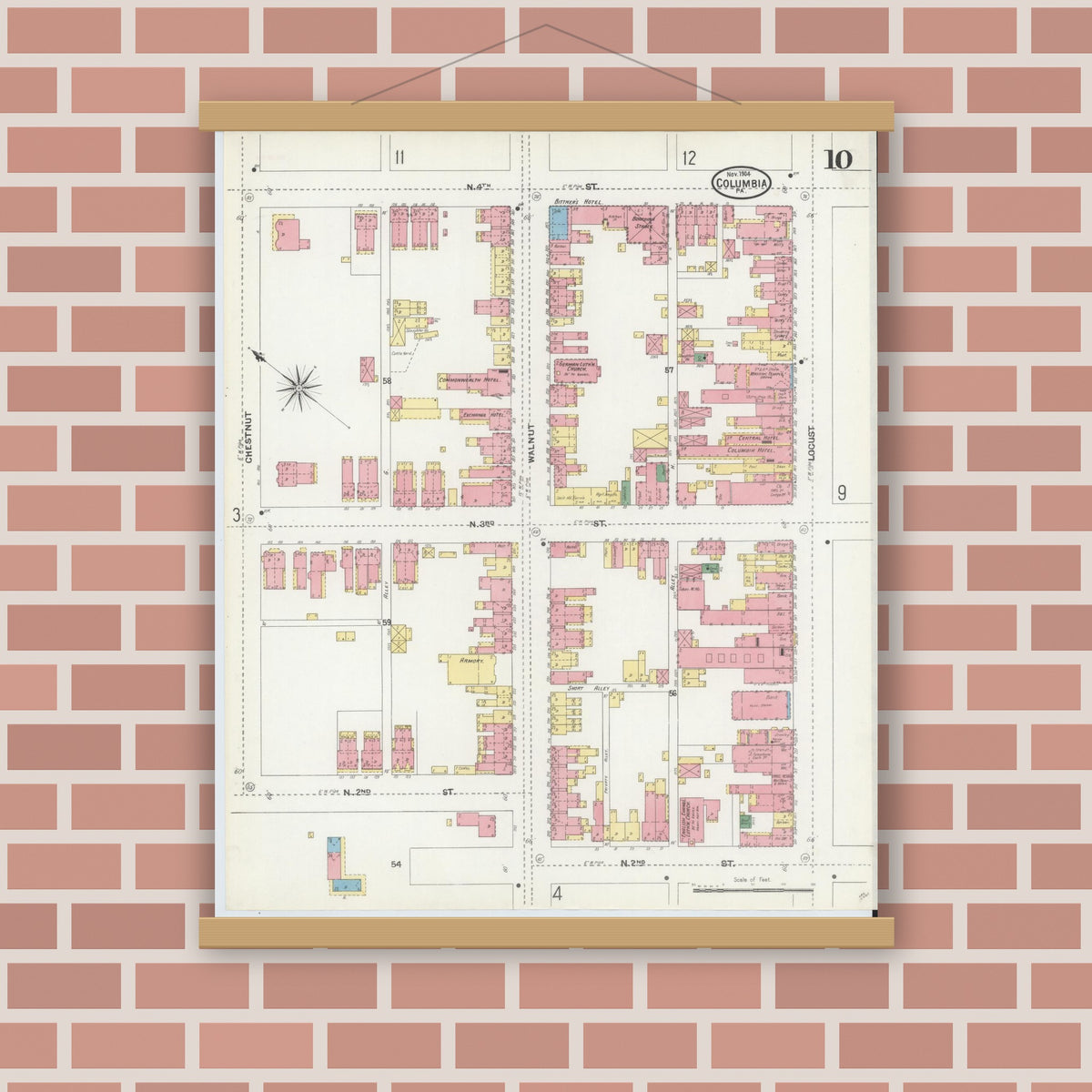 Old map wall art mockup — magnetic wood frame on brick wall — Sanborn Fire Insurance Map from Columbia, Lancaster County, Pennsylvania (1904), Sheet #0010