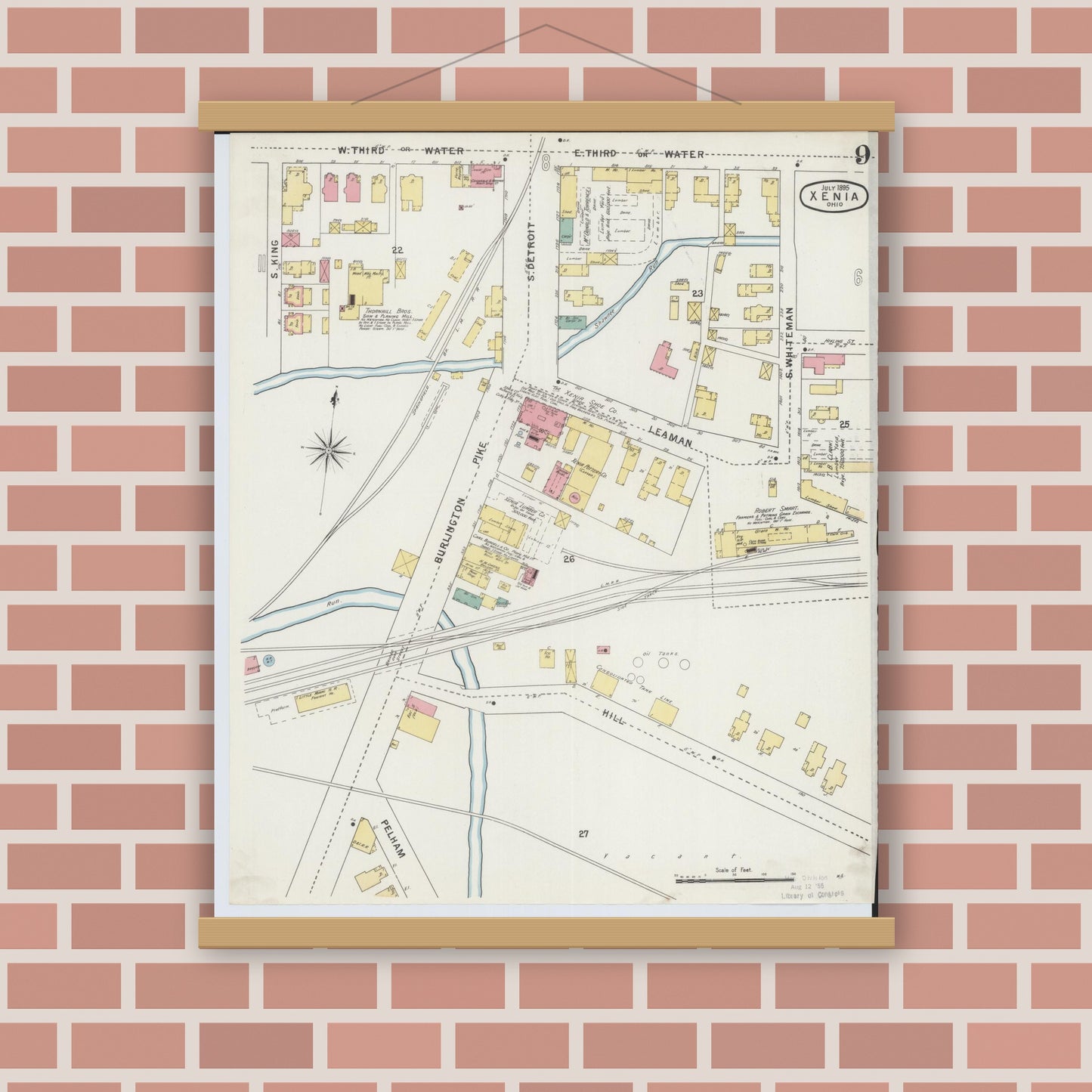 Old map wall art mockup — magnetic wood frame on brick wall — Sanborn Fire Insurance Map from Xenia, Greene County, Ohio (1895), Sheet #0009