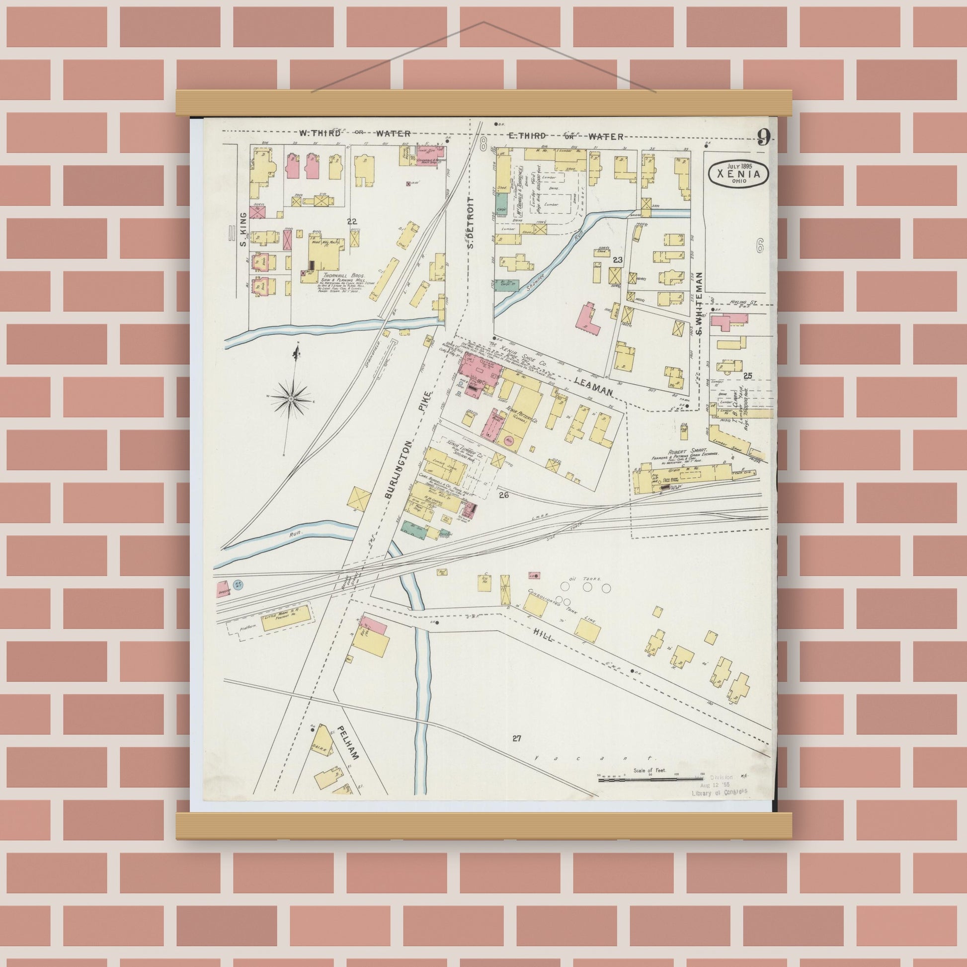 Old map wall art mockup — magnetic wood frame on brick wall — Sanborn Fire Insurance Map from Xenia, Greene County, Ohio (1895), Sheet #0009
