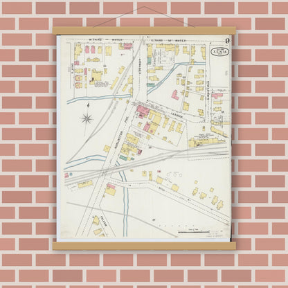 Old map wall art mockup — magnetic wood frame on brick wall — Sanborn Fire Insurance Map from Xenia, Greene County, Ohio (1895), Sheet #0009