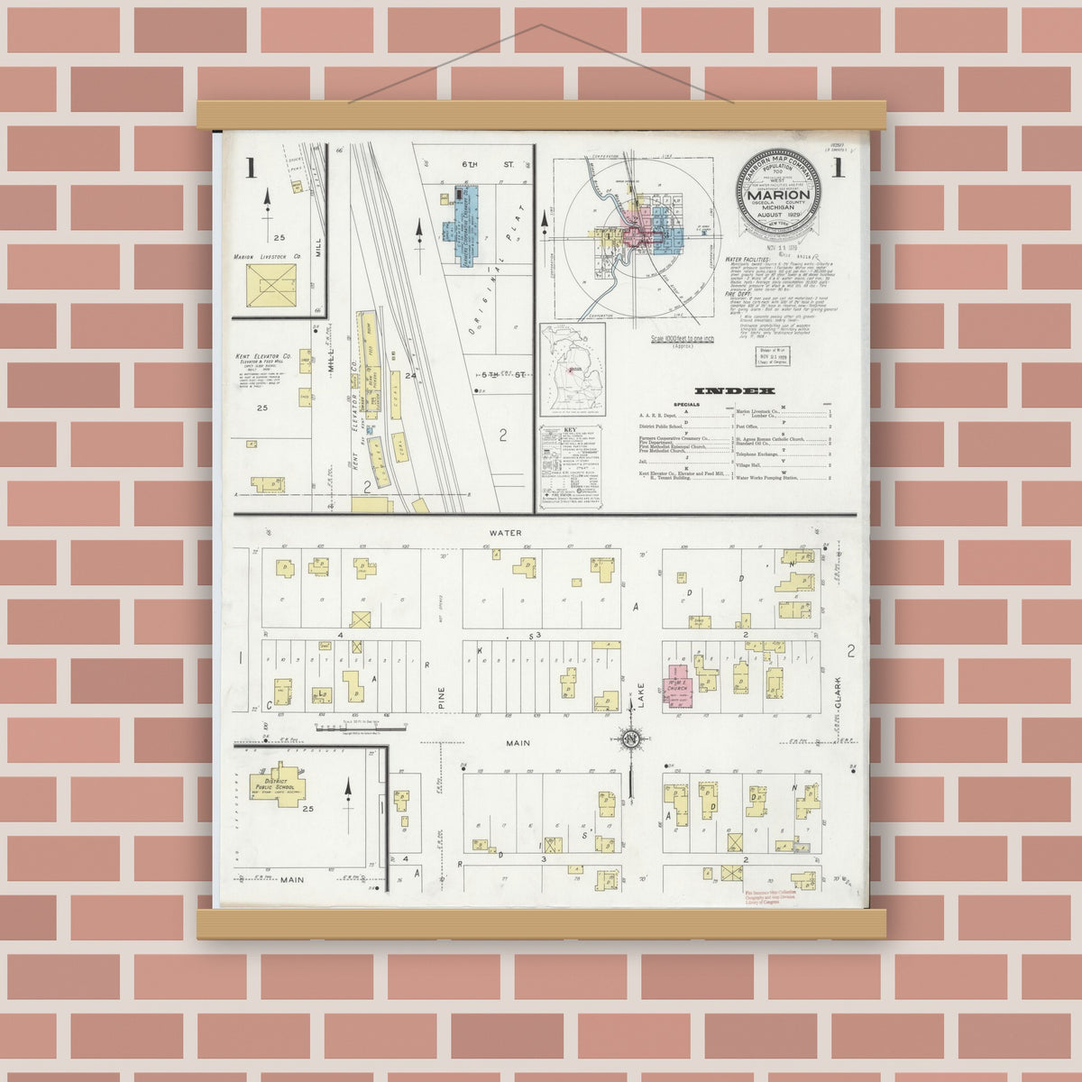 Old map wall art mockup — magnetic wood frame on brick wall — Sanborn Fire Insurance Map from Marion, Osceola County, Michigan (1929), Sheet #0001