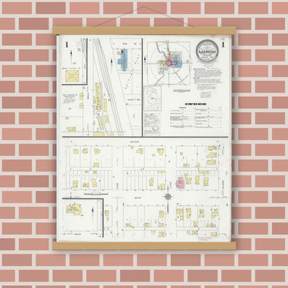 Old map wall art mockup — magnetic wood frame on brick wall — Sanborn Fire Insurance Map from Marion, Osceola County, Michigan (1929), Sheet #0001