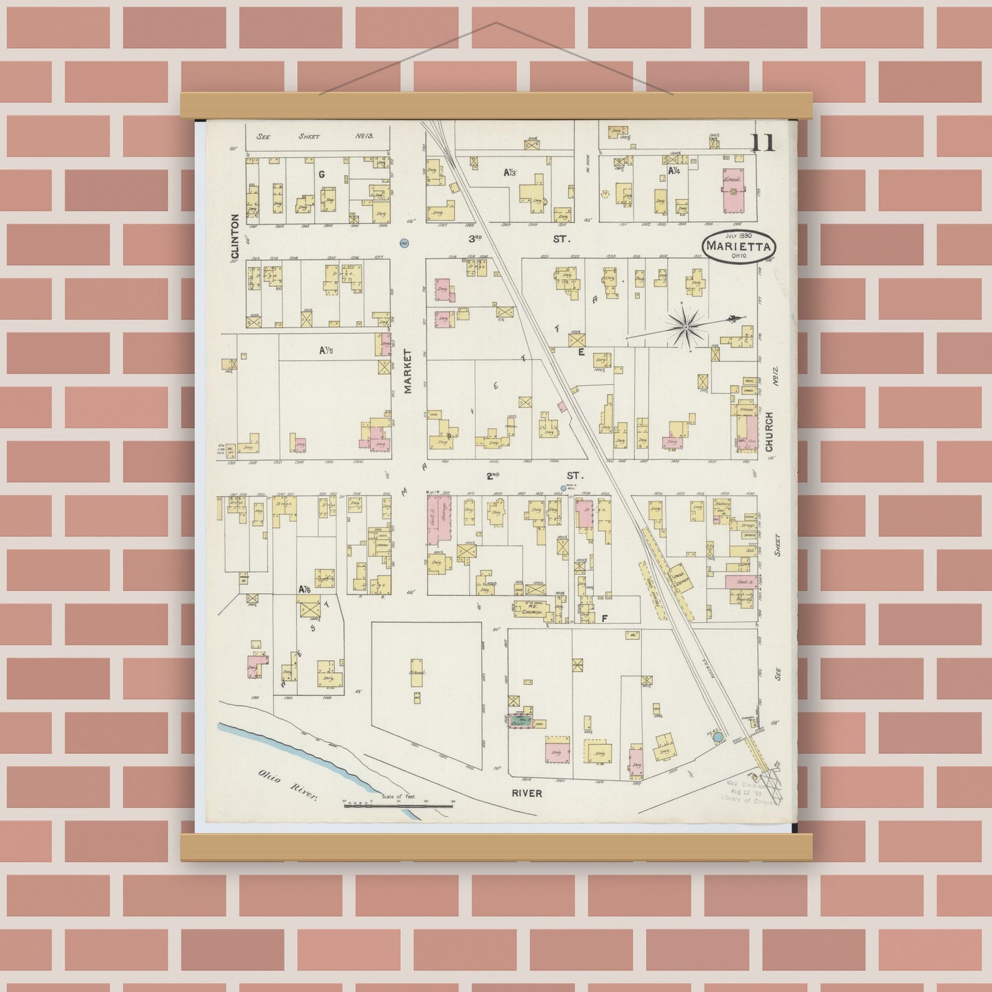 Old map wall art mockup — magnetic wood frame on brick wall — Sanborn Fire Insurance Map from Marietta, Washington County, Ohio (1890), Sheet #0011