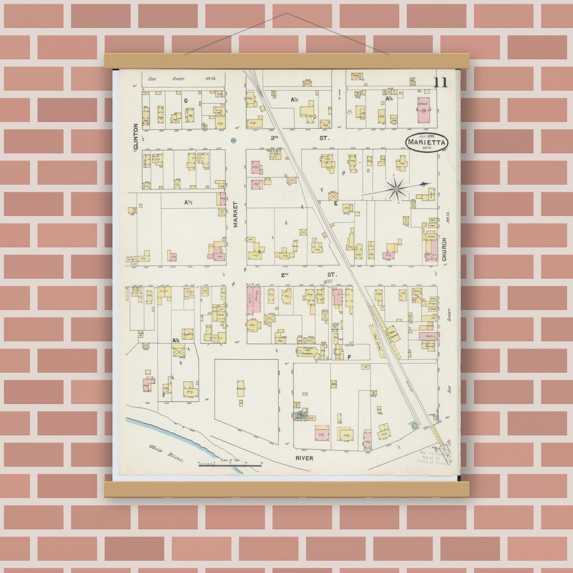Old map wall art mockup — magnetic wood frame on brick wall — Sanborn Fire Insurance Map from Marietta, Washington County, Ohio (1890), Sheet #0011