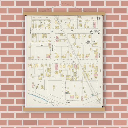 Old map wall art mockup — magnetic wood frame on brick wall — Sanborn Fire Insurance Map from Marietta, Washington County, Ohio (1890), Sheet #0011