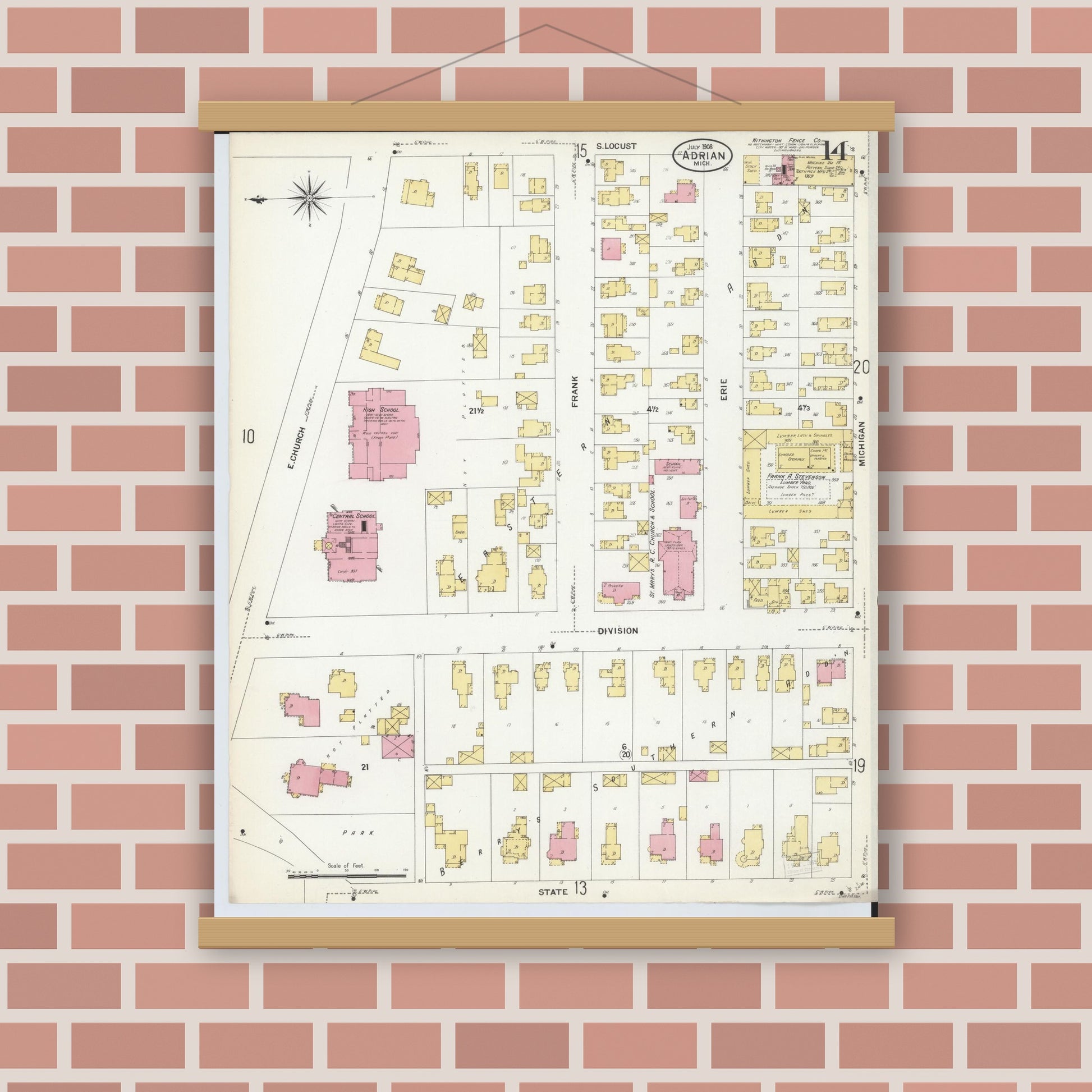 Old map wall art mockup — magnetic wood frame on brick wall — Sanborn Fire Insurance Map from Adrian, Lenawee County, Michigan (1908), Sheet #0014