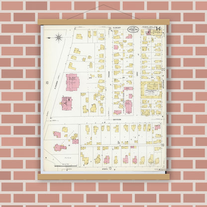 Old map wall art mockup — magnetic wood frame on brick wall — Sanborn Fire Insurance Map from Adrian, Lenawee County, Michigan (1908), Sheet #0014