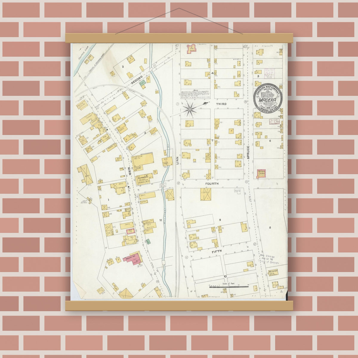 Old map wall art mockup — magnetic wood frame on brick wall — Sanborn Fire Insurance Map from Madera, Clearfield County, Pennsylvania (1905), Sheet #0001