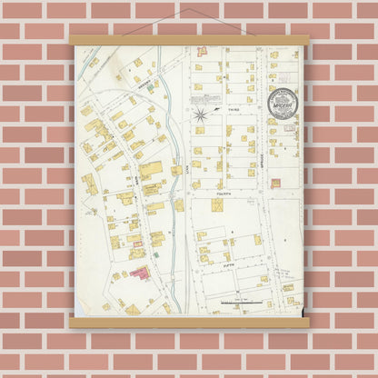 Old map wall art mockup — magnetic wood frame on brick wall — Sanborn Fire Insurance Map from Madera, Clearfield County, Pennsylvania (1905), Sheet #0001