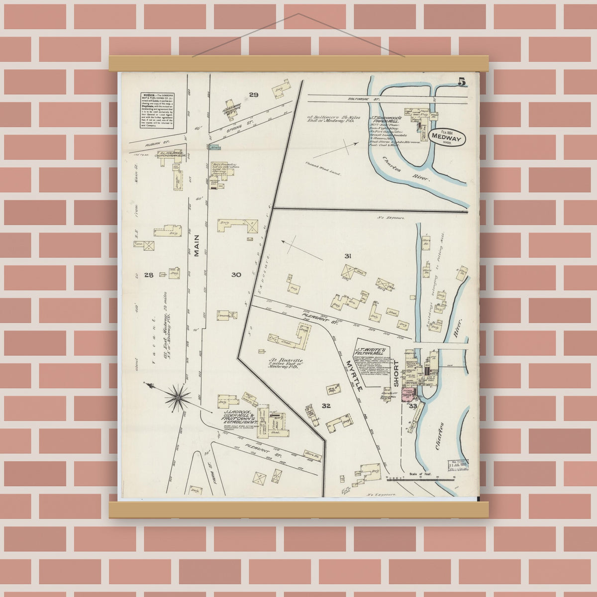 Old map wall art mockup — magnetic wood frame on brick wall — Sanborn Fire Insurance Map from Medway, Norfolk County, Massachusetts (1884), Sheet #0005