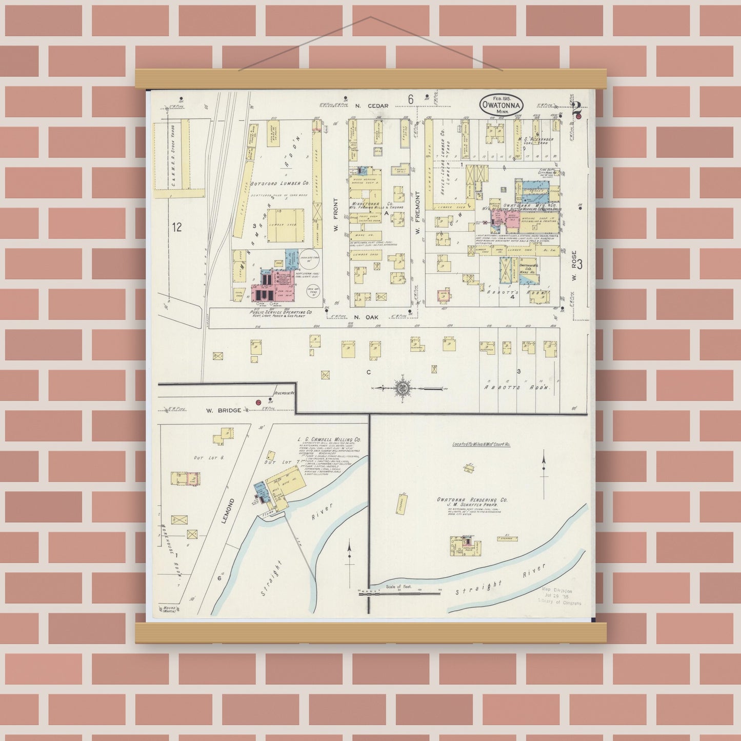 Old map wall art mockup — magnetic wood frame on brick wall — Sanborn Fire Insurance Map from Owatonna, Steele County, Minnesota (1915), Sheet #0002