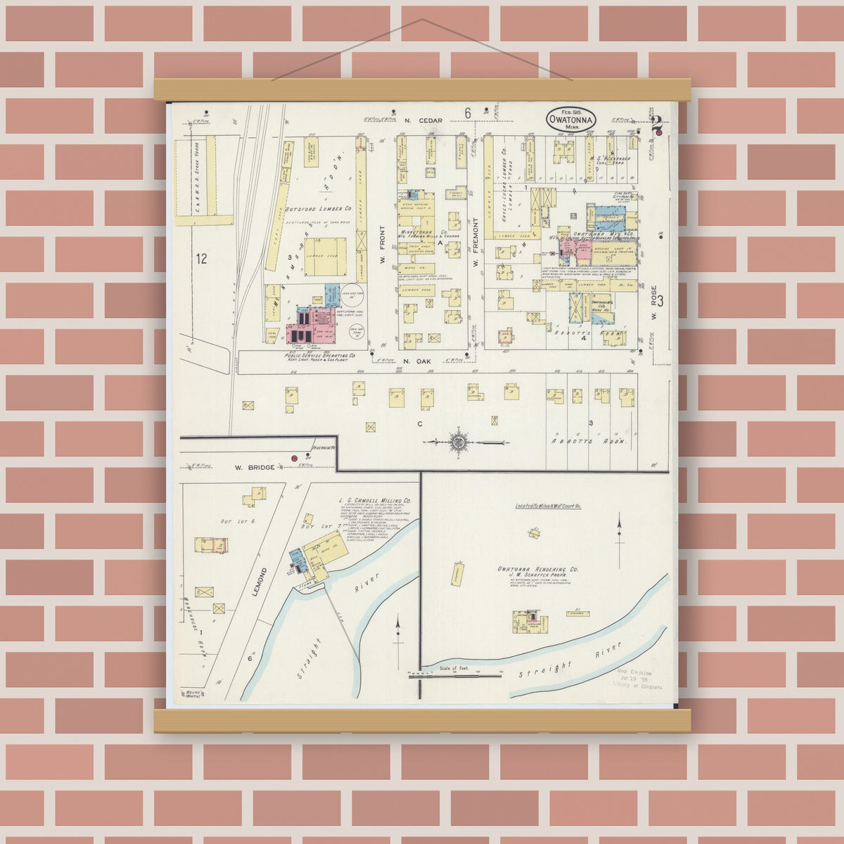 Old map wall art mockup — magnetic wood frame on brick wall — Sanborn Fire Insurance Map from Owatonna, Steele County, Minnesota (1915), Sheet #0002