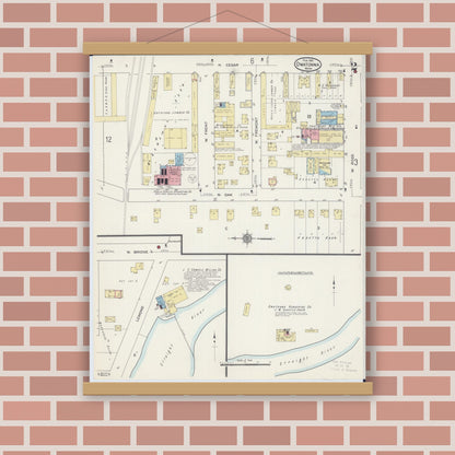 Old map wall art mockup — magnetic wood frame on brick wall — Sanborn Fire Insurance Map from Owatonna, Steele County, Minnesota (1915), Sheet #0002