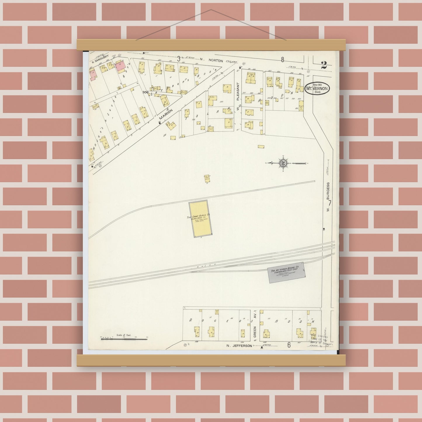 Old map wall art mockup — magnetic wood frame on brick wall — Sanborn Fire Insurance Map from Mount Vernon, Knox County, Ohio (1913), Sheet #0002