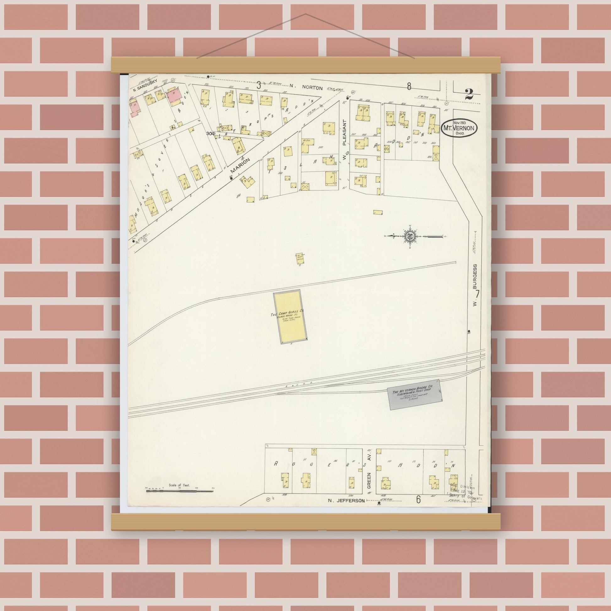 Old map wall art mockup — magnetic wood frame on brick wall — Sanborn Fire Insurance Map from Mount Vernon, Knox County, Ohio (1913), Sheet #0002