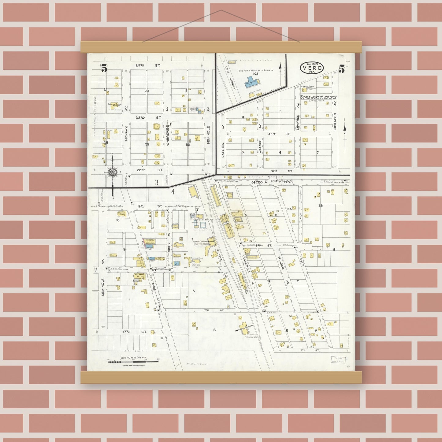 Old map wall art mockup — magnetic wood frame on brick wall — Sanborn Fire Insurance Map from Vero Beach, Indian River County, Florida (1923), Sheet #0005