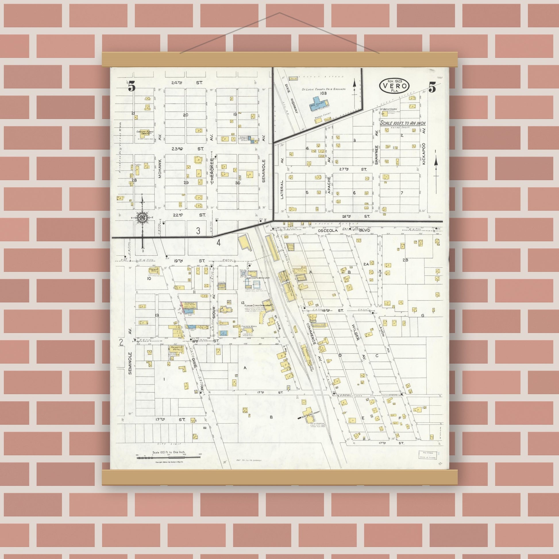 Old map wall art mockup — magnetic wood frame on brick wall — Sanborn Fire Insurance Map from Vero Beach, Indian River County, Florida (1923), Sheet #0005