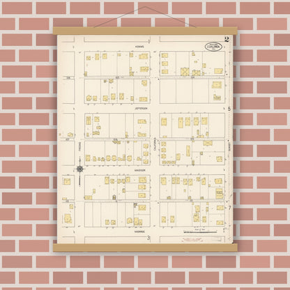 Old map wall art mockup — magnetic wood frame on brick wall — Sanborn Fire Insurance Map from Coalinga, Fresno County, California (1910), Sheet #0002