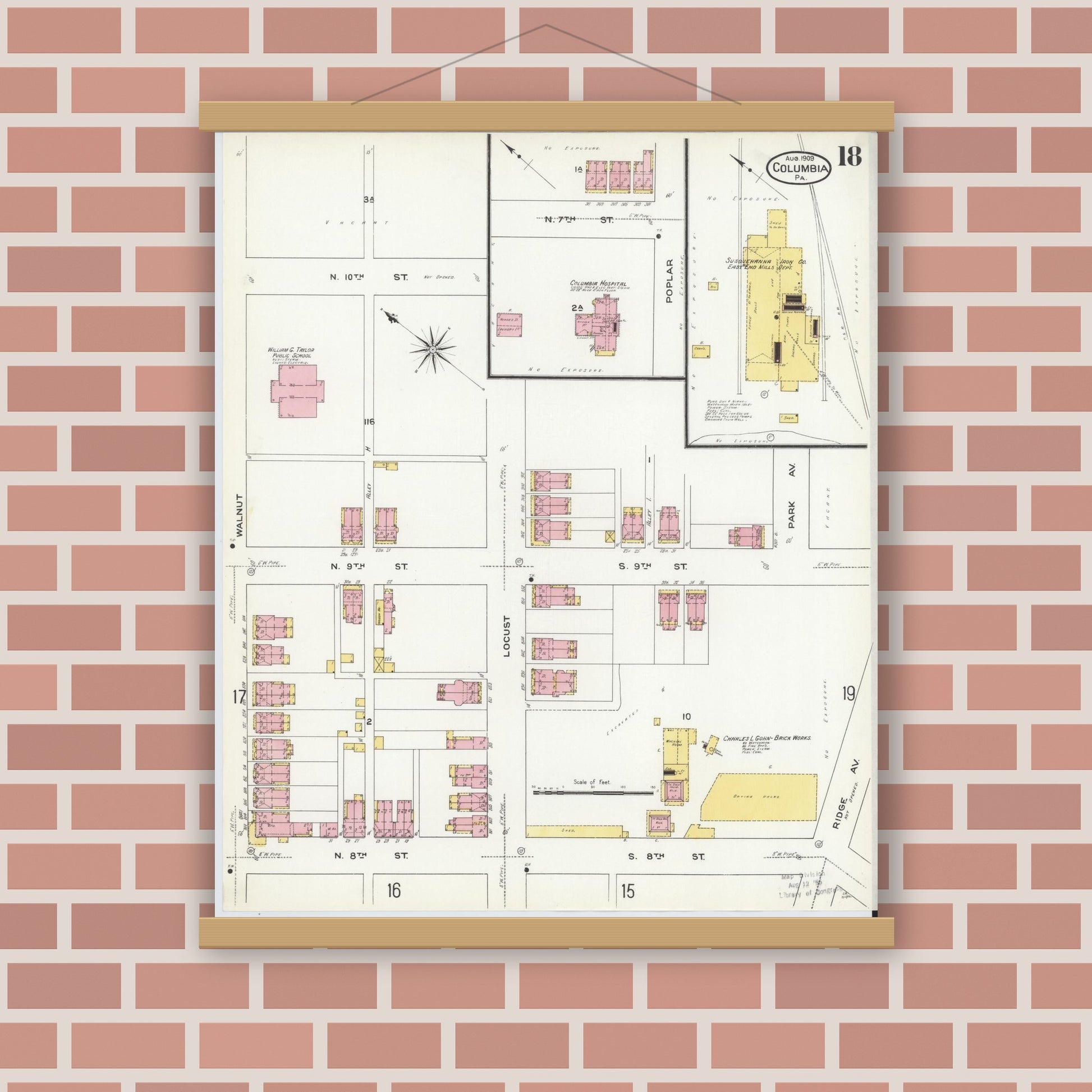 Old map wall art mockup — magnetic wood frame on brick wall — Sanborn Fire Insurance Map from Columbia, Lancaster County, Pennsylvania (1909), Sheet #0018