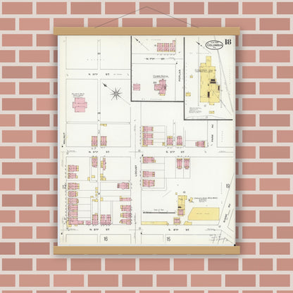 Old map wall art mockup — magnetic wood frame on brick wall — Sanborn Fire Insurance Map from Columbia, Lancaster County, Pennsylvania (1909), Sheet #0018