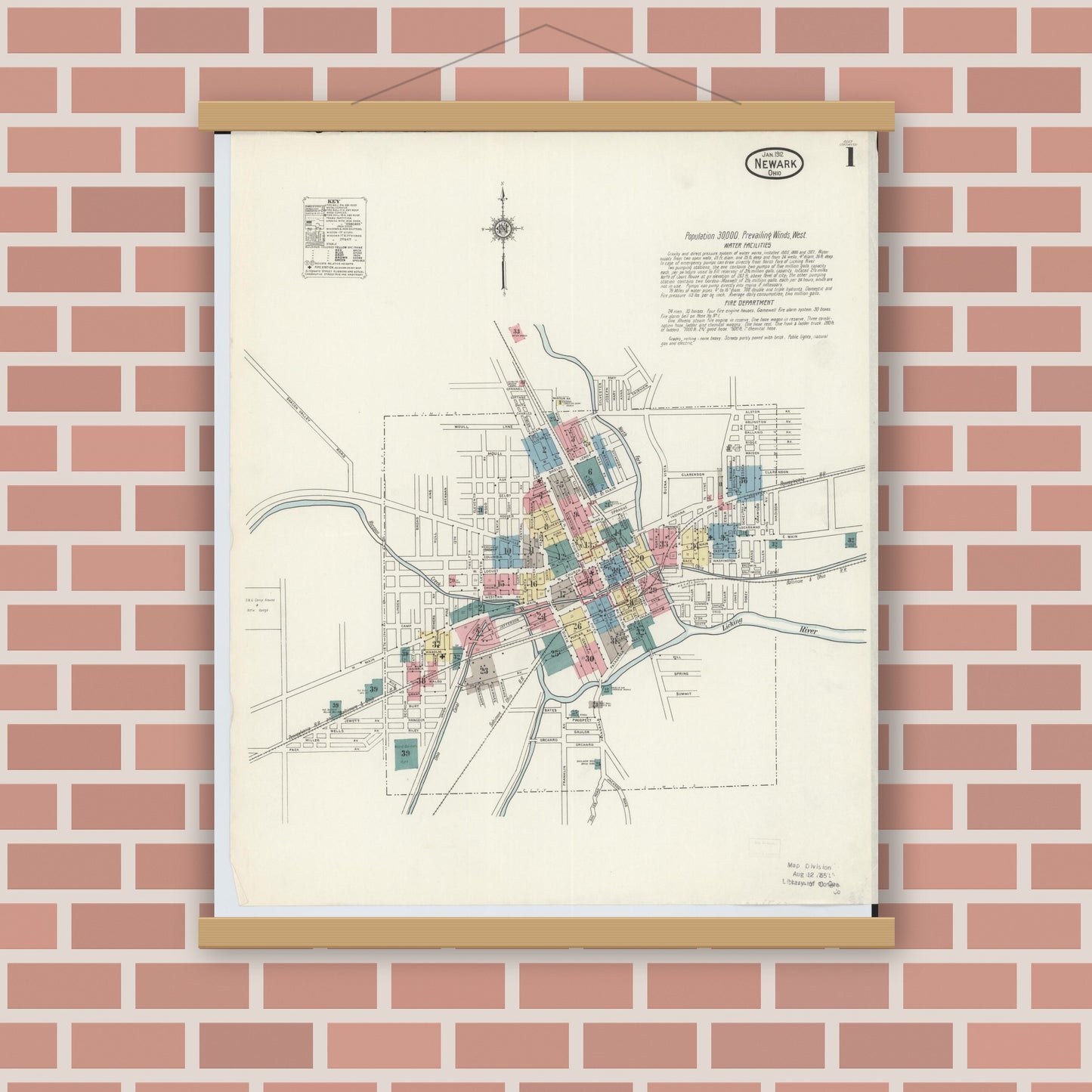 Old map wall art mockup — magnetic wood frame on brick wall — Sanborn Fire Insurance Map from Newark, Licking County, Ohio (1912), Sheet #0001