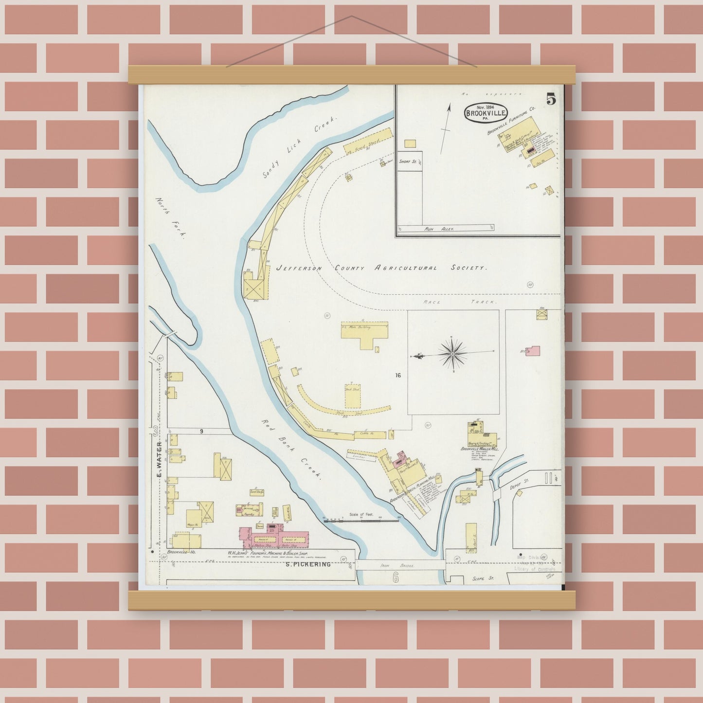 Old map wall art mockup — magnetic wood frame on brick wall — Sanborn Fire Insurance Map from Brookville, Jefferson County, Pennsylvania (1894), Sheet #0005