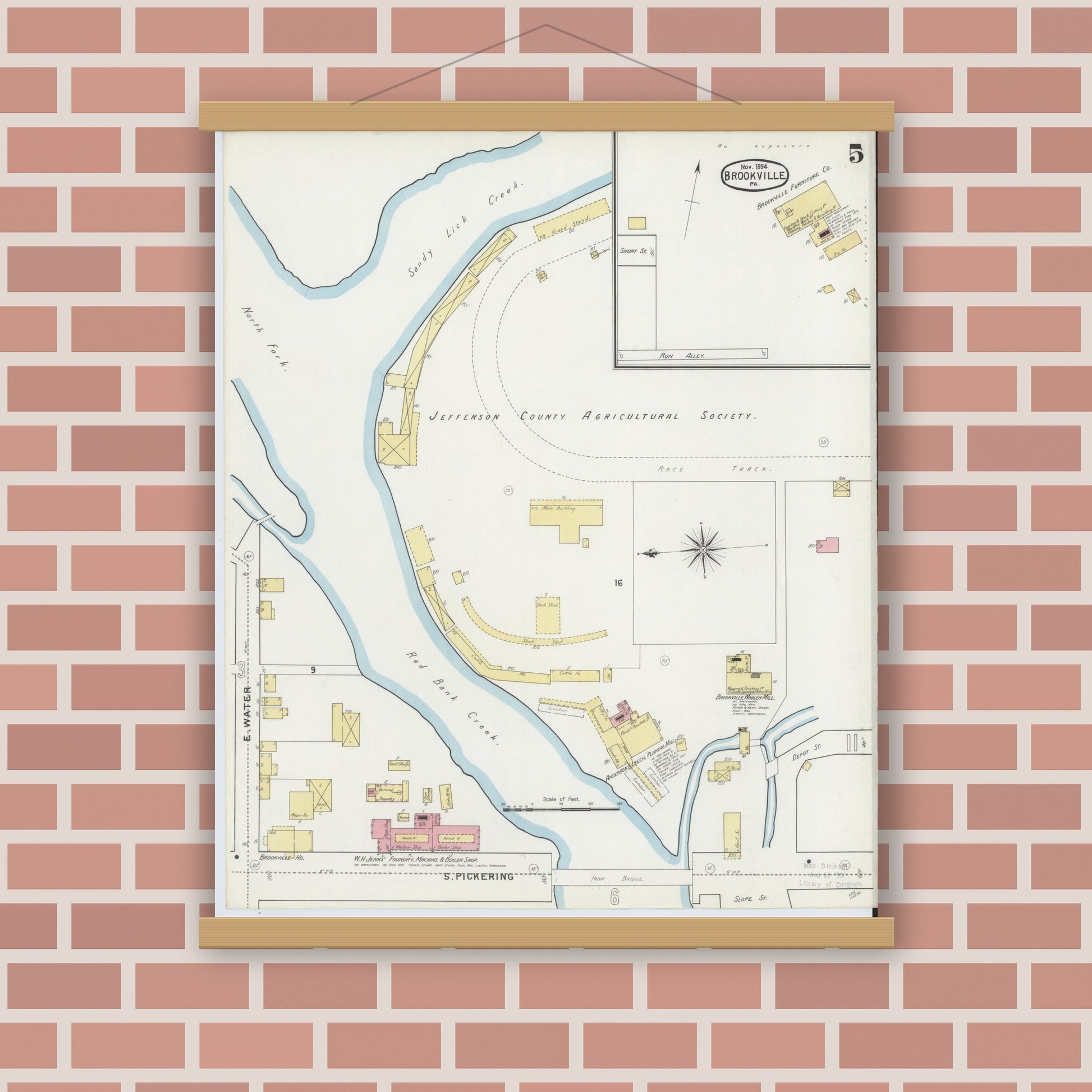 Old map wall art mockup — magnetic wood frame on brick wall — Sanborn Fire Insurance Map from Brookville, Jefferson County, Pennsylvania (1894), Sheet #0005