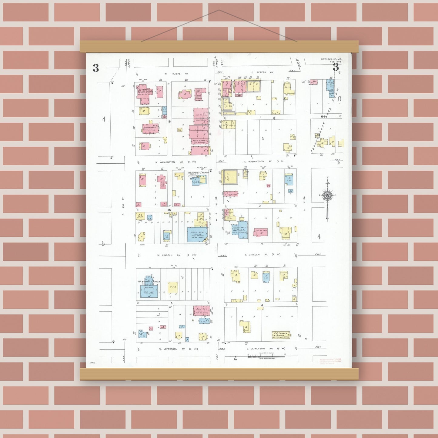 Old map wall art mockup — magnetic wood frame on brick wall — Sanborn Fire Insurance Map from Owensville, Gasconade County, Missouri (1949), Sheet #0003