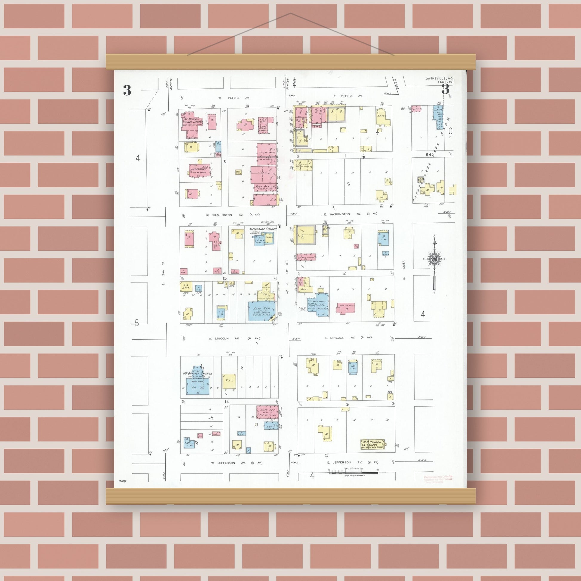 Old map wall art mockup — magnetic wood frame on brick wall — Sanborn Fire Insurance Map from Owensville, Gasconade County, Missouri (1949), Sheet #0003
