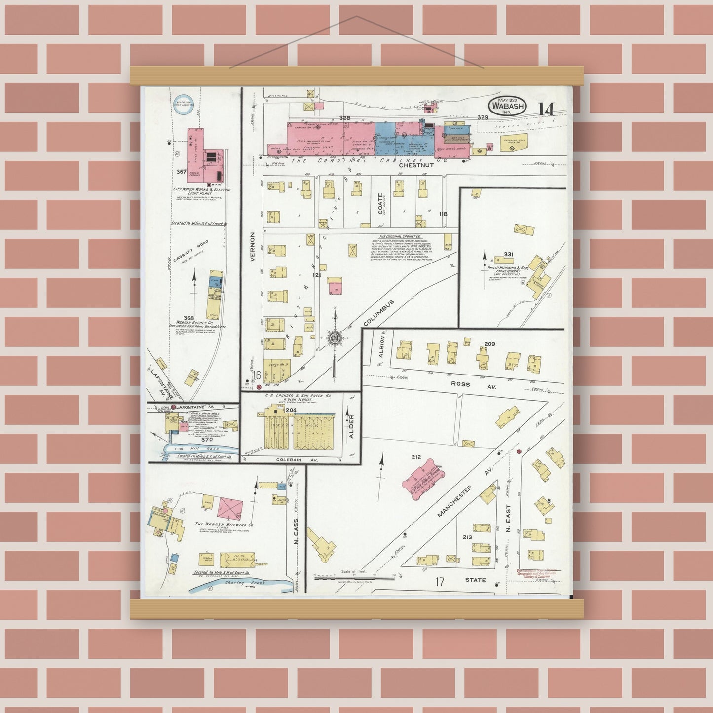 Old map wall art mockup — magnetic wood frame on brick wall — Sanborn Fire Insurance Map from Wabash, Wabash County, Indiana (1920), Sheet #0014