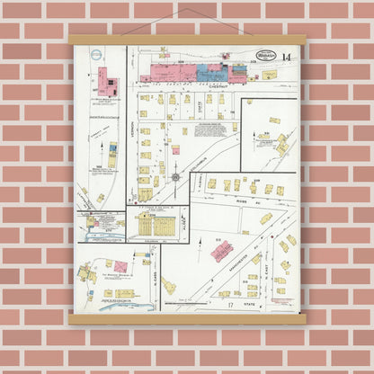 Old map wall art mockup — magnetic wood frame on brick wall — Sanborn Fire Insurance Map from Wabash, Wabash County, Indiana (1920), Sheet #0014