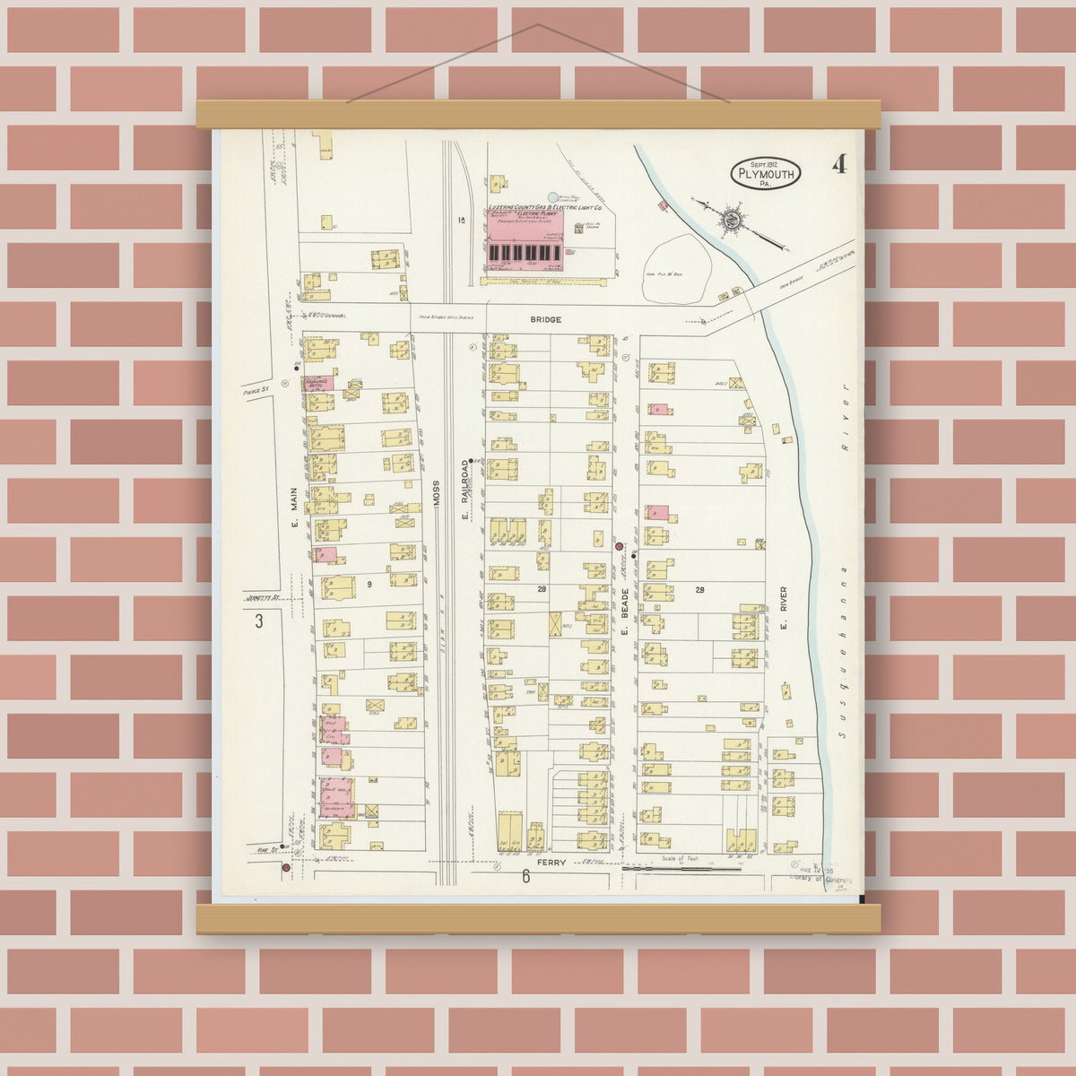 Old map wall art mockup — magnetic wood frame on brick wall — Sanborn Fire Insurance Map from Plymouth, Luzerne County, Pennsylvania (1912), Sheet #0004
