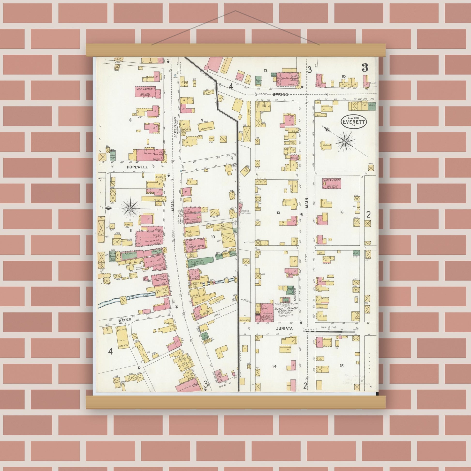 Old map wall art mockup — magnetic wood frame on brick wall — Sanborn Fire Insurance Map from Everett, Bedford County, Pennsylvania (1900), Sheet #0003
