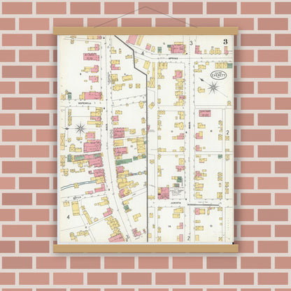 Old map wall art mockup — magnetic wood frame on brick wall — Sanborn Fire Insurance Map from Everett, Bedford County, Pennsylvania (1900), Sheet #0003