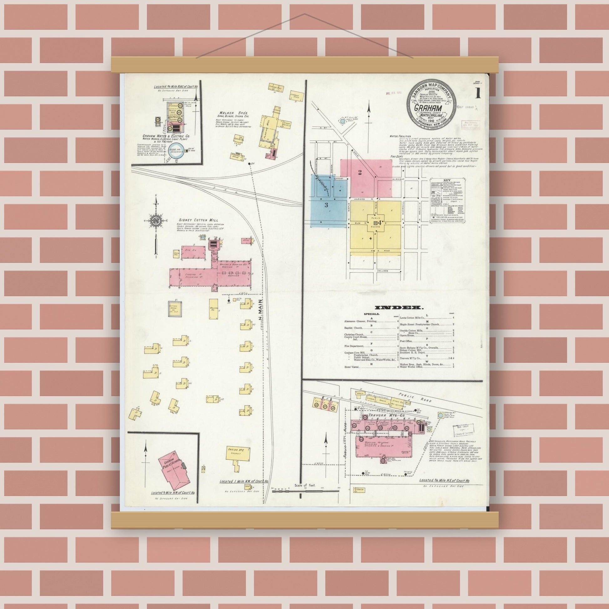 Old map wall art mockup — magnetic wood frame on brick wall — Sanborn Fire Insurance Map from Graham, Alamance County, North Carolina (1910) - Complete Map Set