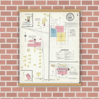 Old map wall art mockup — magnetic wood frame on brick wall — Sanborn Fire Insurance Map from Graham, Alamance County, North Carolina (1910) - Complete Map Set