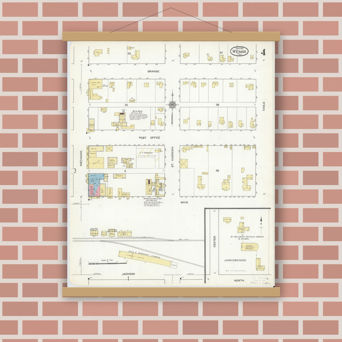Old map wall art mockup — magnetic wood frame on brick wall — Sanborn Fire Insurance Map from Weimar, Colorado County, Texas (1912), Sheet #0004