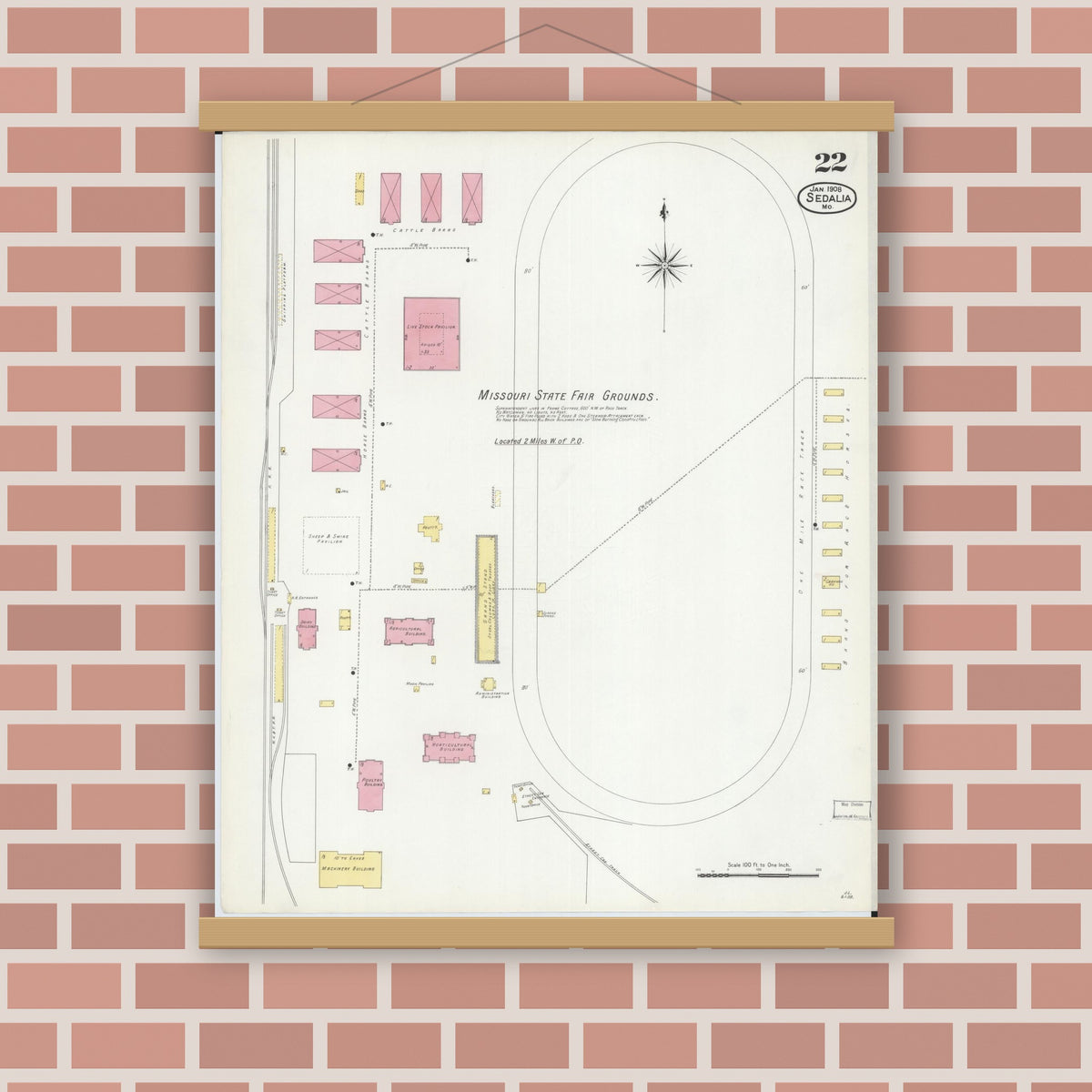 Old map wall art mockup — magnetic wood frame on brick wall — Sanborn Fire Insurance Map from Sedalia, Pettis County, Missouri (1908), Sheet #0022