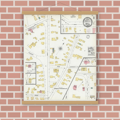 Old map wall art mockup — magnetic wood frame on brick wall — Sanborn Fire Insurance Map from Groton, Middlesex County, Massachusetts (1901), Sheet #0001