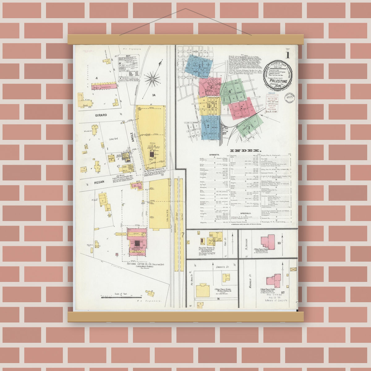Old map wall art mockup — magnetic wood frame on brick wall — Sanborn Fire Insurance Map from Palestine, Anderson County, Texas (1900) - Complete Map Set
